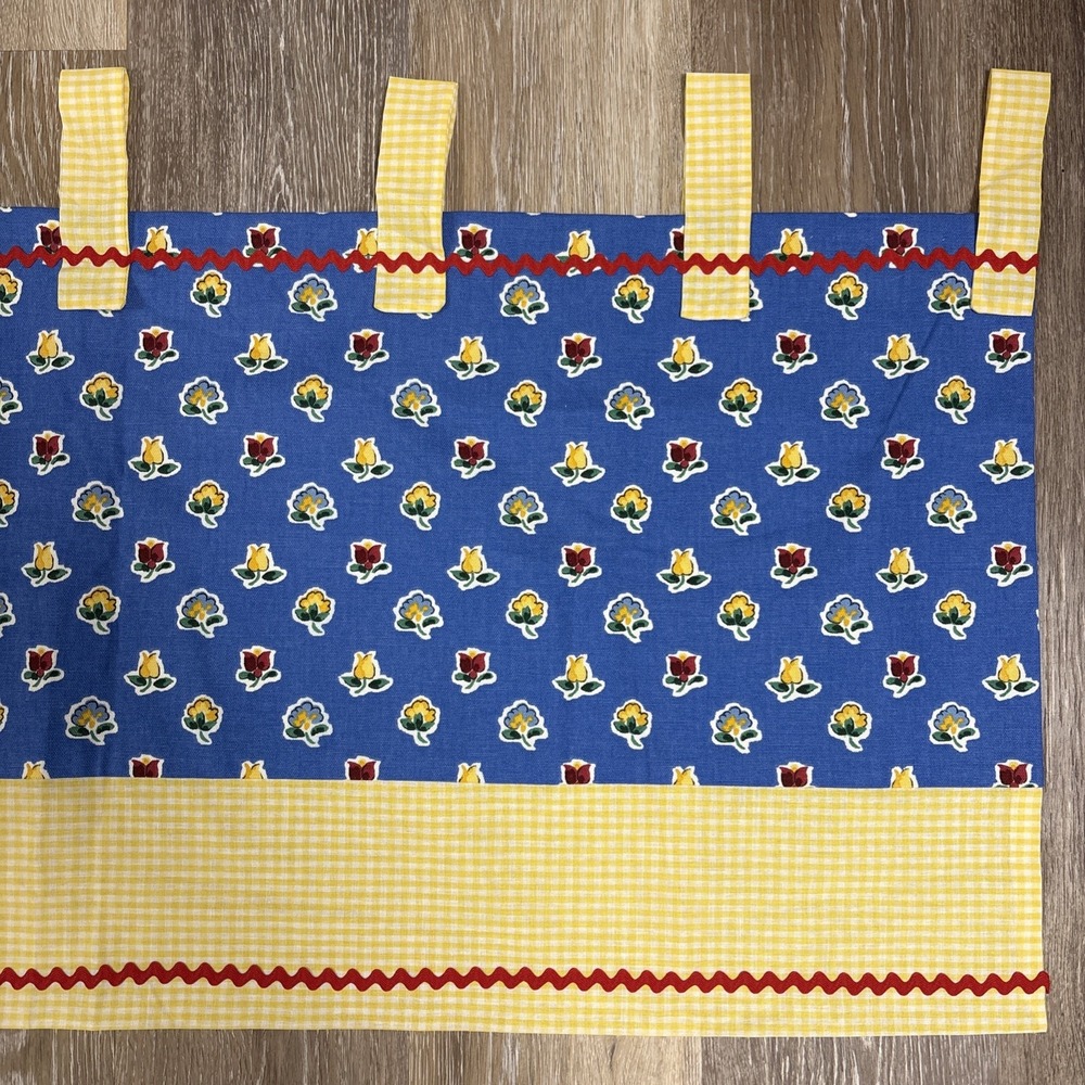 Cottagecore Handmade Blue Yellow Red Valance Gingham Rick Rack Floral 78" EUC